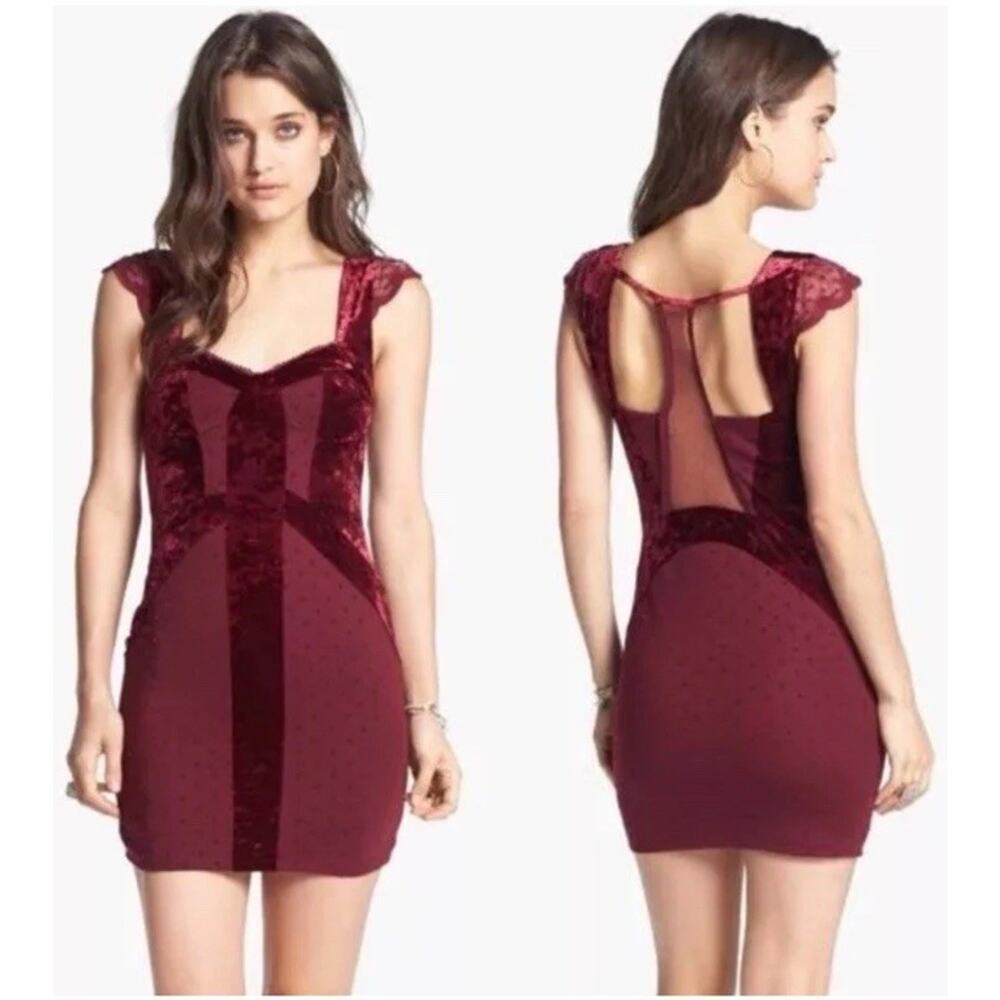 Free People Madeline Mini Dress Maroon Velvet Polkadot Bodycon Y2K Baddie Goth S